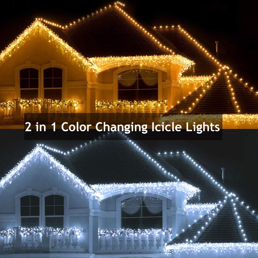 Christmas Icicle Lights Outdoor, 2 in 1 White & Warm White Color Changing Icicle Lights with 60 Drops, 29.5ft 360 LED