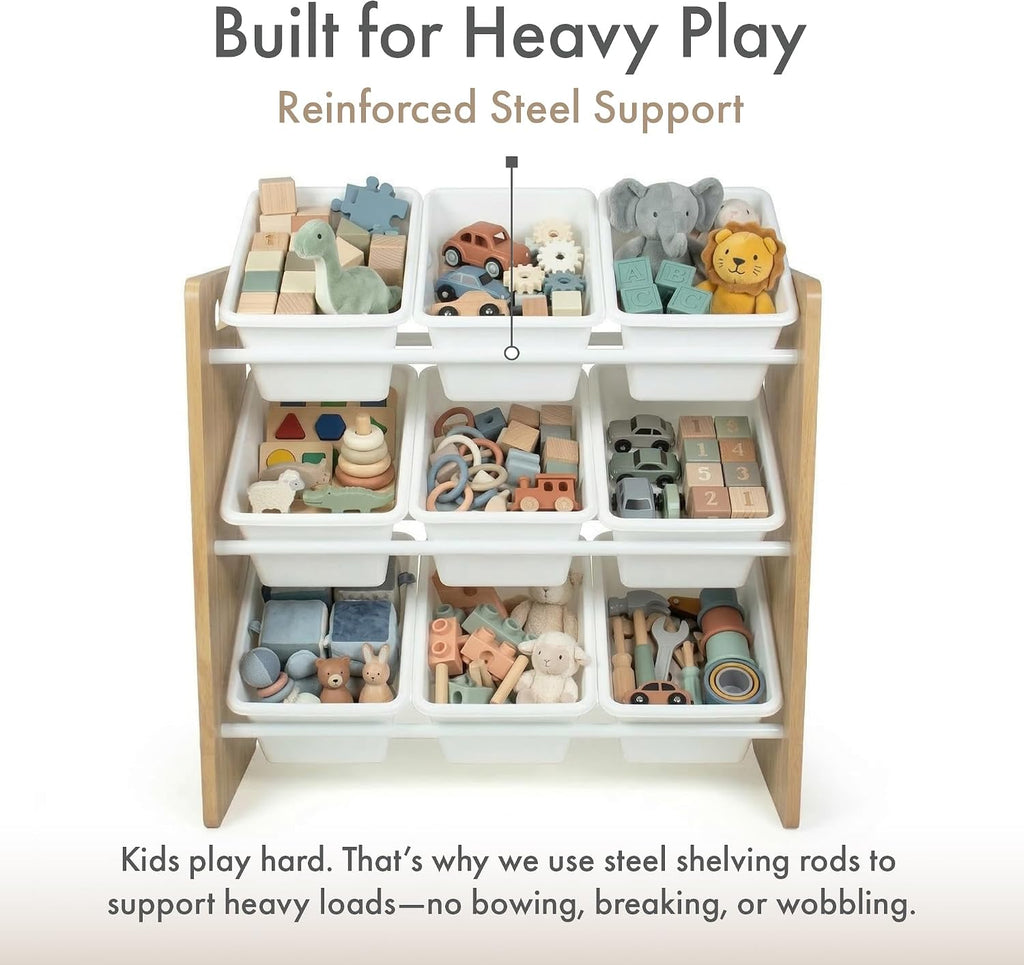 Kids Toy Organizer with 9 Bins, 3 Tier Storage | Sturdy wood and steel toddler shelf, removable BPA-free containers