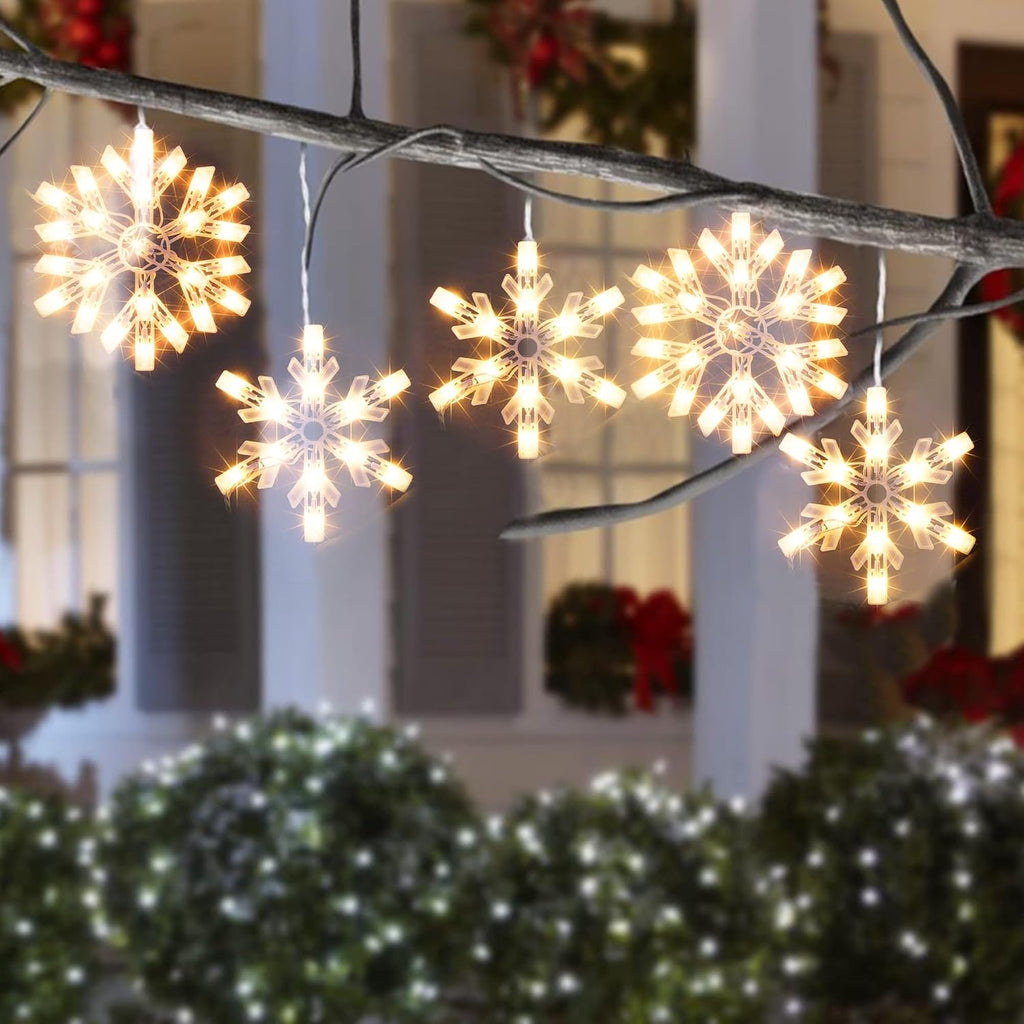 8.5 FT Snowflake Lights with 6 Drops, 100 Counts Clear Blubs Christmas String Lights, Plug in & Connectable Icicle