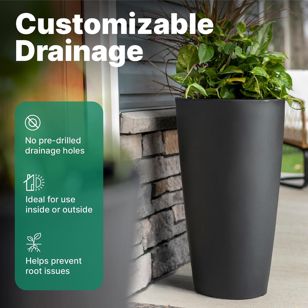 Tremont Tall Round Tapered Planter 2-Pack, 28 in Resin Planters, Self-Watering, Onyx Black