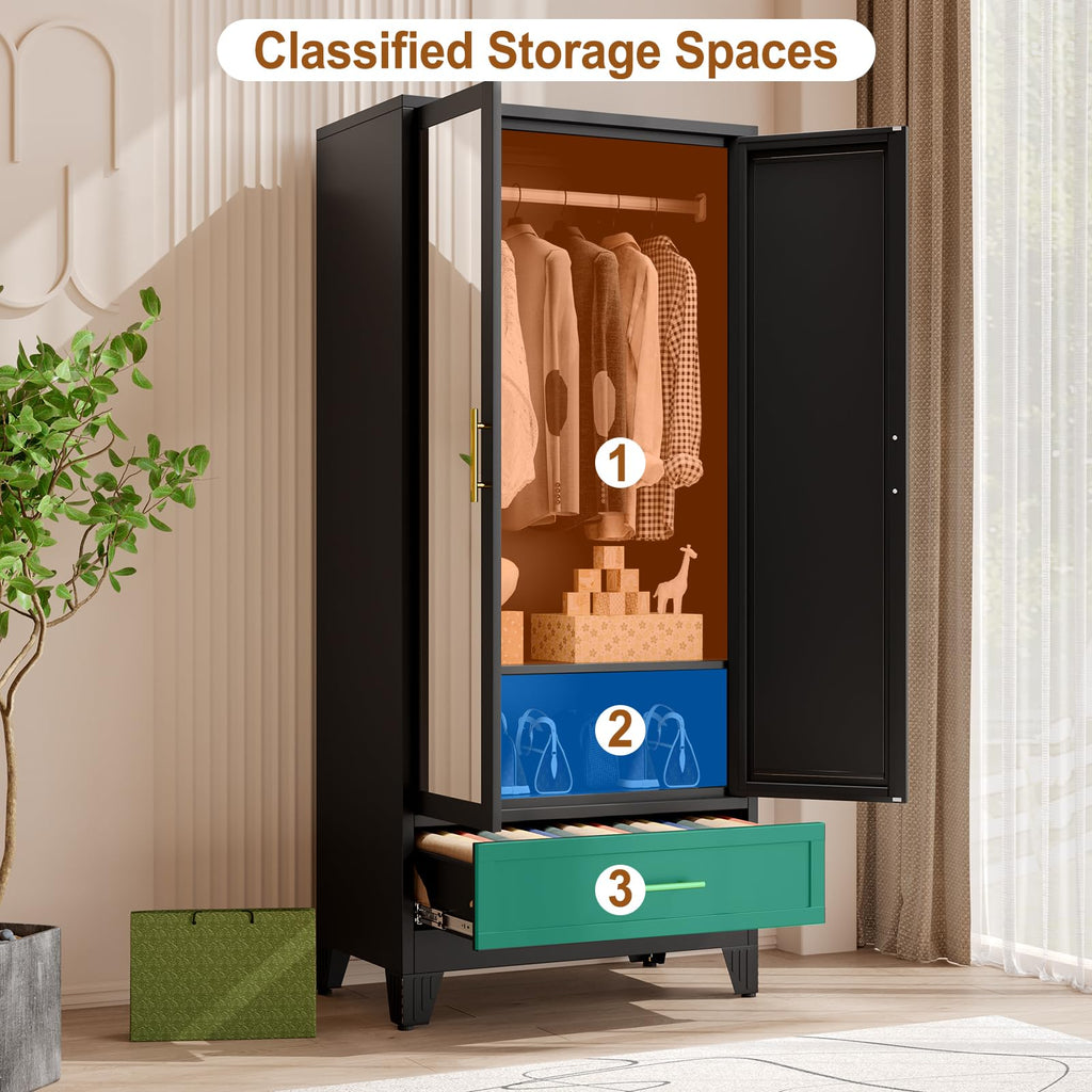 Metal Armoire Wardrobe Closet Storage Cabinet with Mirror Black, 71'' Wardrobe Cabinet with Hanging Rod Metal Closet