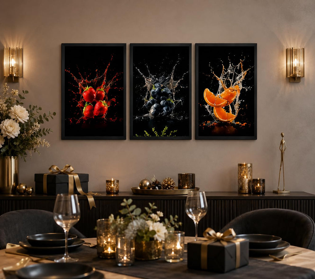 Framed Fruit Canvas Wall Art, 3 Piece Kitchen Decor, 12 x 16 Inch