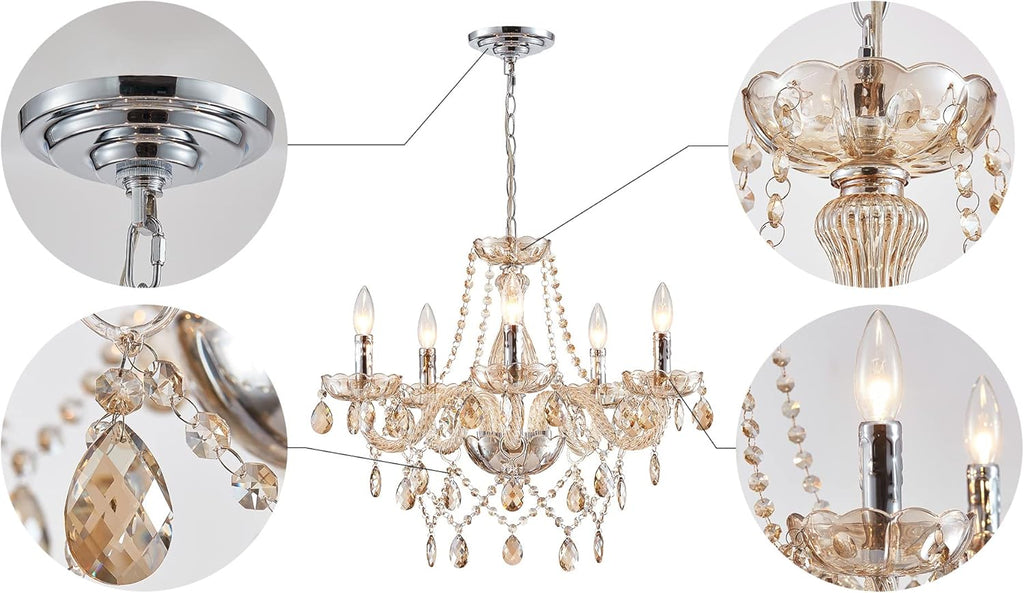 5 Light Modern K9 Crystal Chandelier for Dining Room, Pendant Ceiling Lighting Fixture for Bedroom, Living Room, Champagne Crystal A100-B09F38VC5L