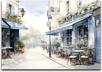 Framed Paris Cafe Canvas Wall, 36"x24" Blue Street Scene