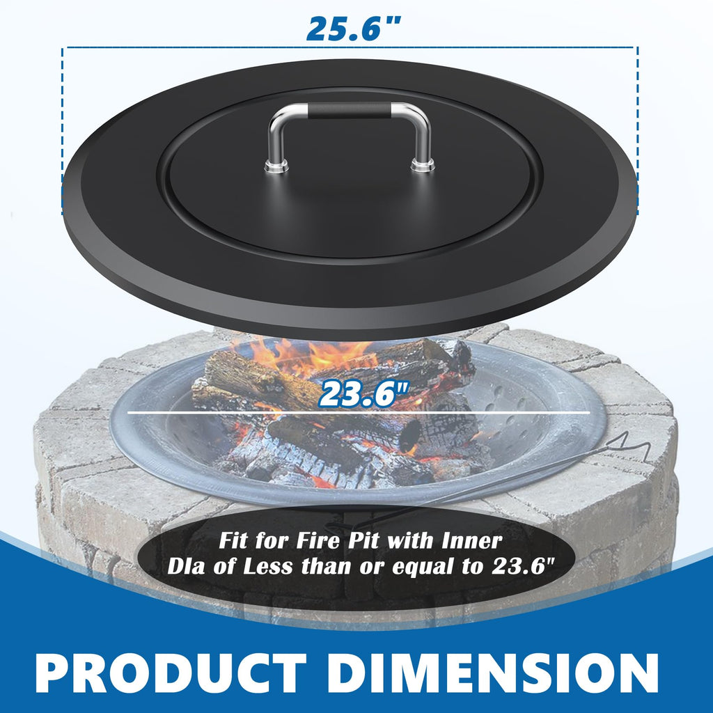 Fire Pit Lid 25.6"-Heavy-Duty Metal Cover with Handle, All-Season Protection