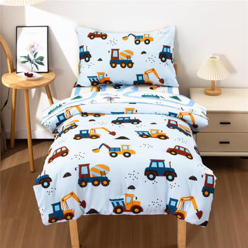 4 Pieces Construction Truck Toddler Bedding Set for Baby Boys, Cartoon Vehicles Excavator Cars Printed, Includes