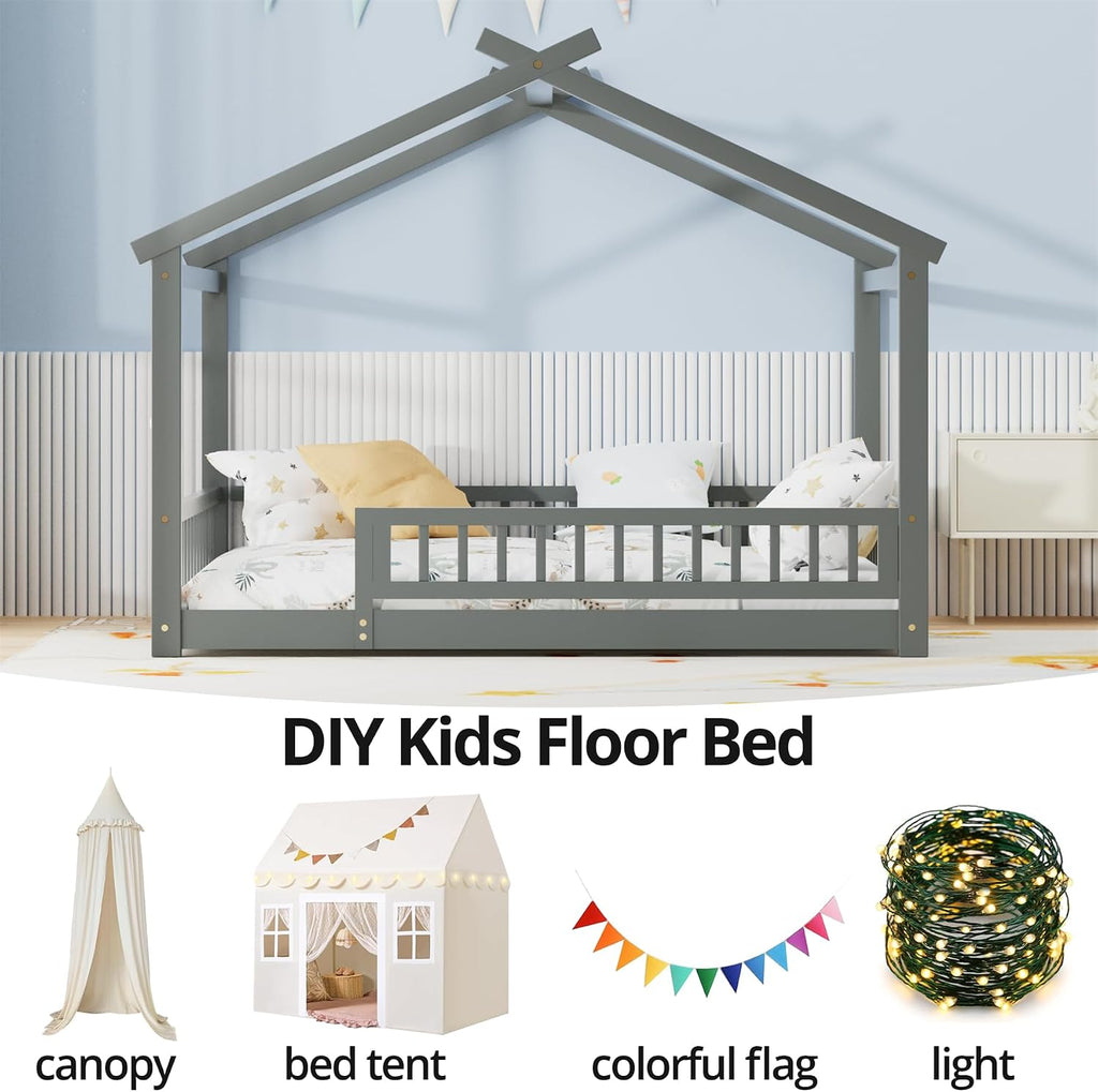 House Bed with Fence, Wooden Montessori Bed with Slats Support, Floor Bed Frame for Boys Girls Bedroom, Gray