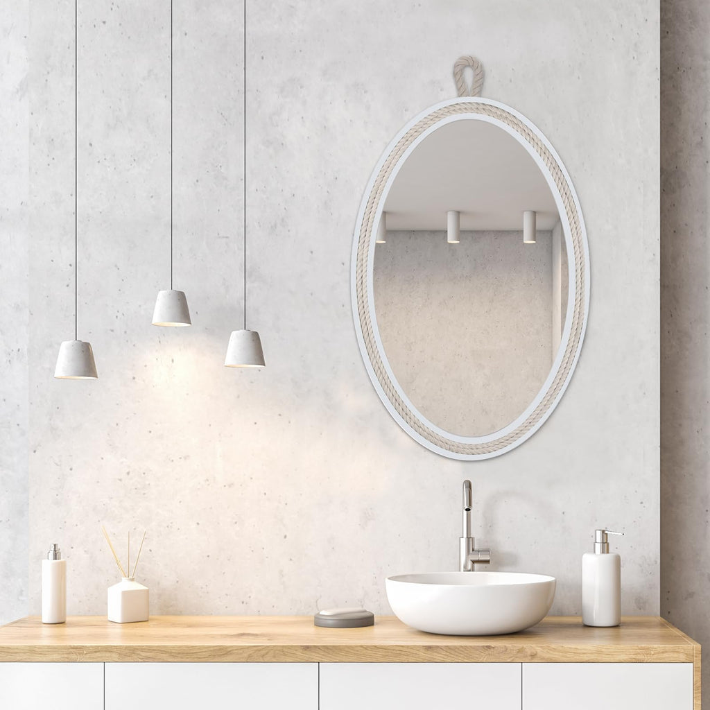 Oval Mirrors for Wall Decor Small White Nautical Rope Mirror Hanging Decorative Beach Coastal Mirror, 24''Lx16''W, Oval
