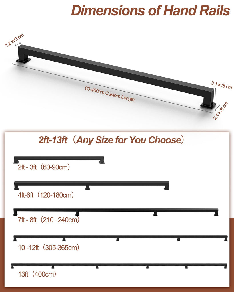 13FT Square Tube Black Black Handrail for Indoor Stair