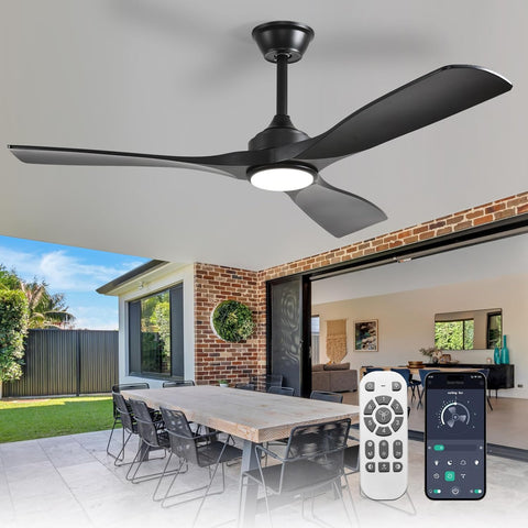 52-Inch Ceiling Fan with Light: Black 3 Blade Outdoor Fans for Patios - Dimmable Indoor Fan with Remote APP Control Ultra Quiet DC Motor Reversible 6 Speed Timer A101-B0DP6VN56W