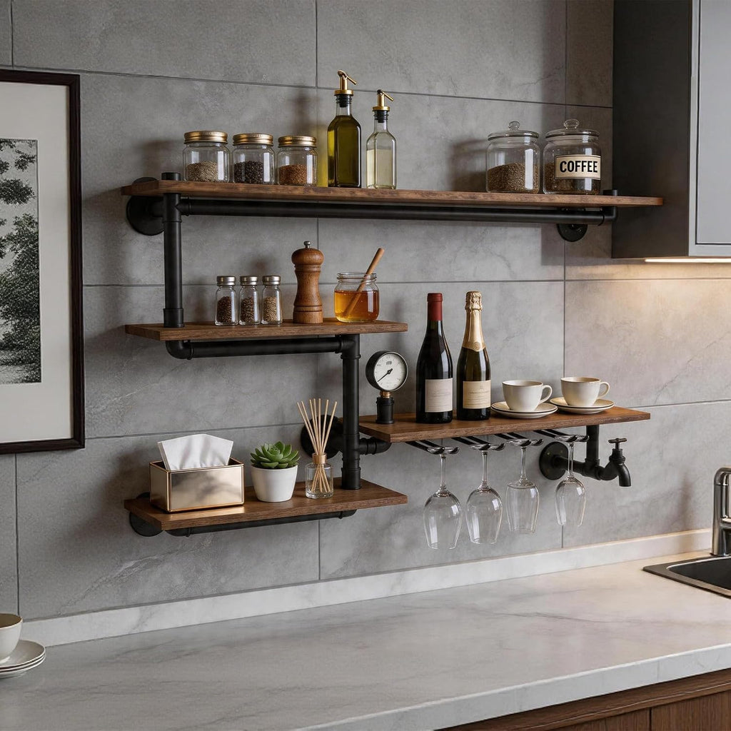 Industrial Pipe Shelving Wine Rack Wall Mounted,Bar Shelves Hanging Wine Rack with 4 Stem Glass Holder,Liquor Bottle
