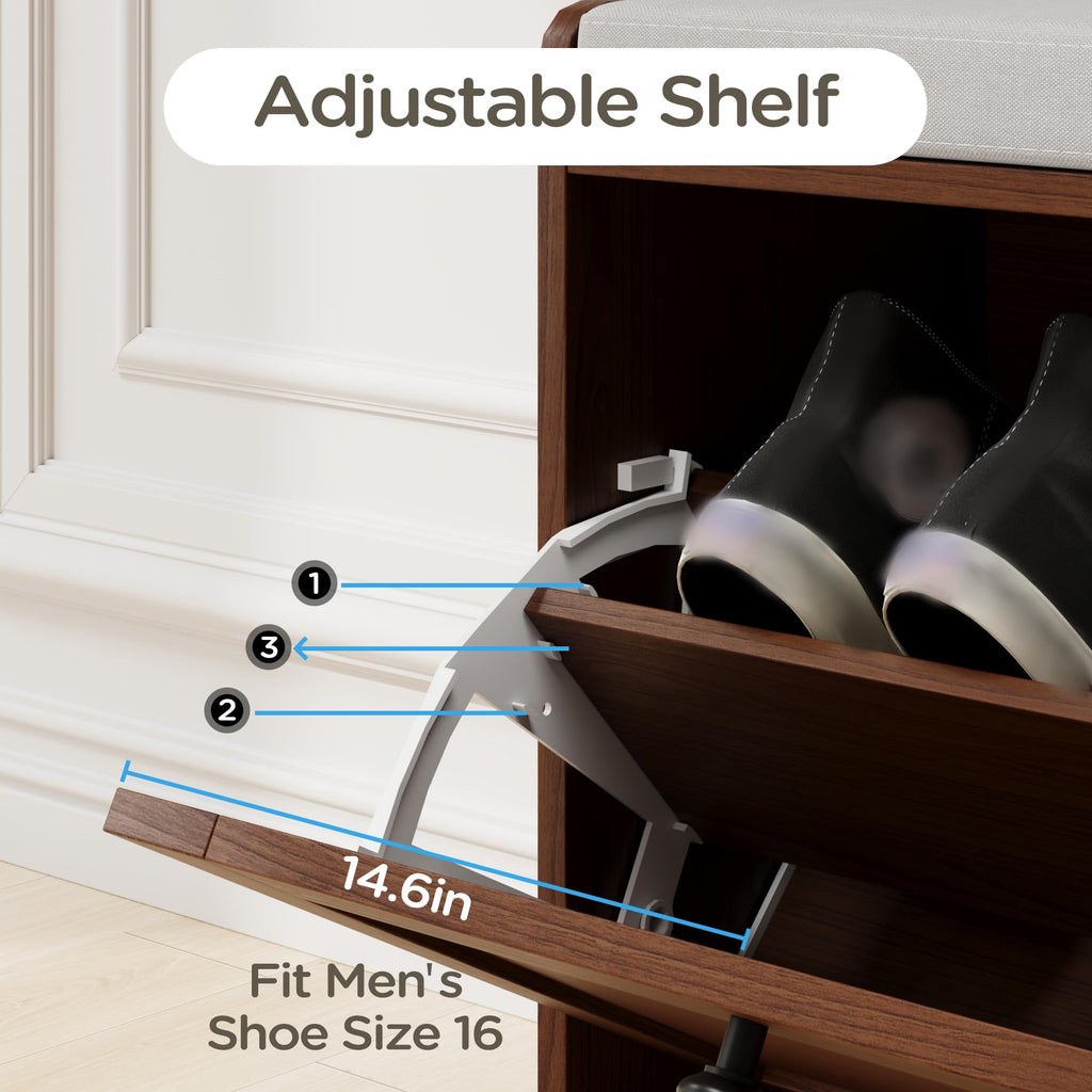Brown Modern Entryway Bench with 2 Flip Drawers, Entryway Shoe Bench with Padded Seat Cushion, Wooden Storage Bench