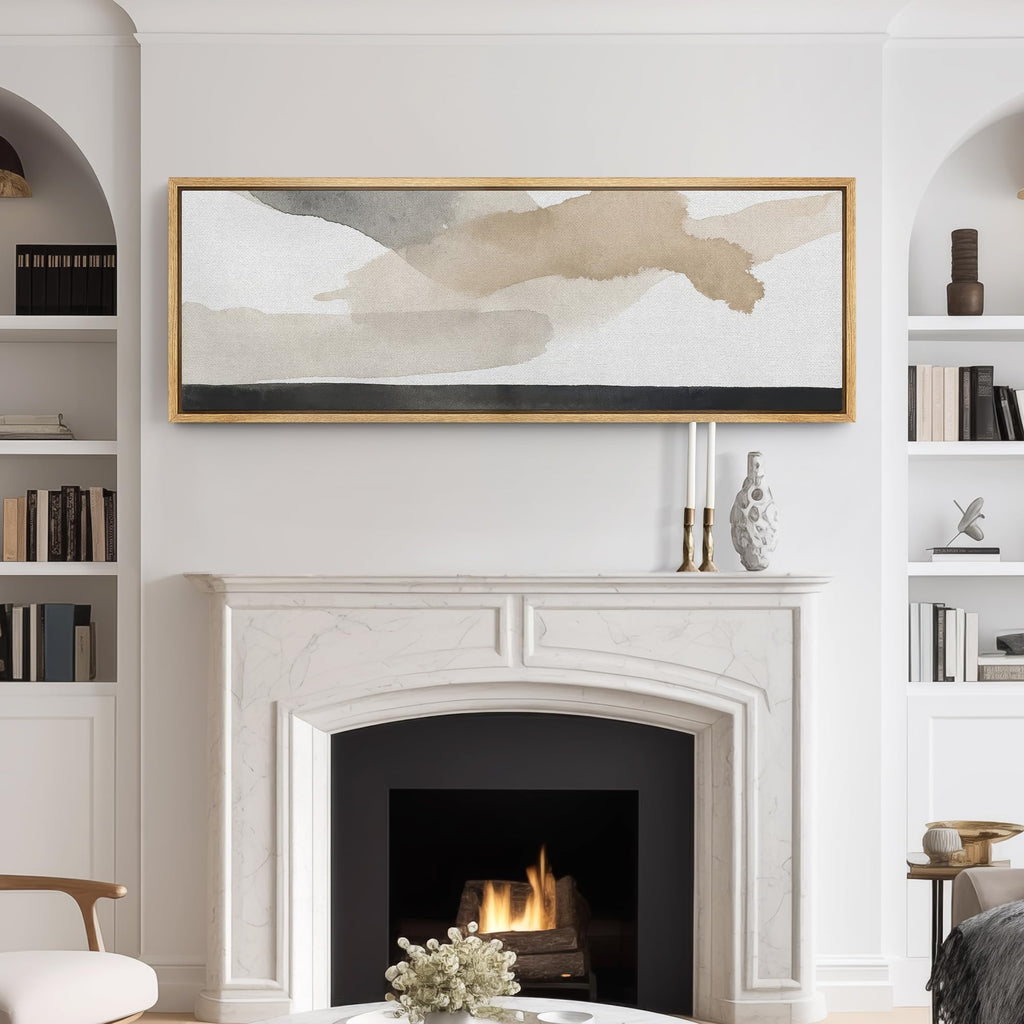 Large Framed Canvas Print Wall Art Neutral Gray Beige Abstract Brushstroke Illustrations Modern Art Relax/Calm Warm