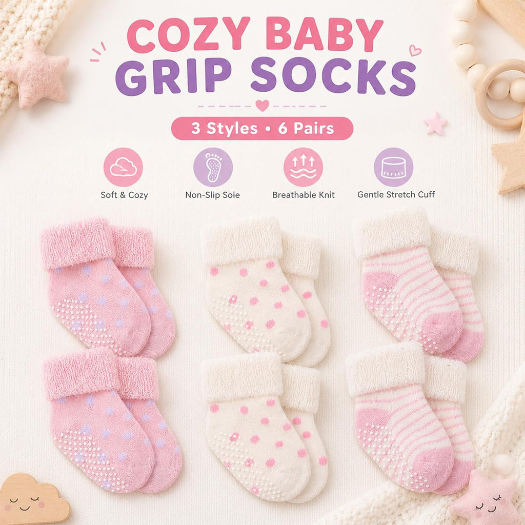 6 Pairs Cotton Baby Girl Socks with Grips Non Slip Toddler Infant Socks Terry Turn Cuff