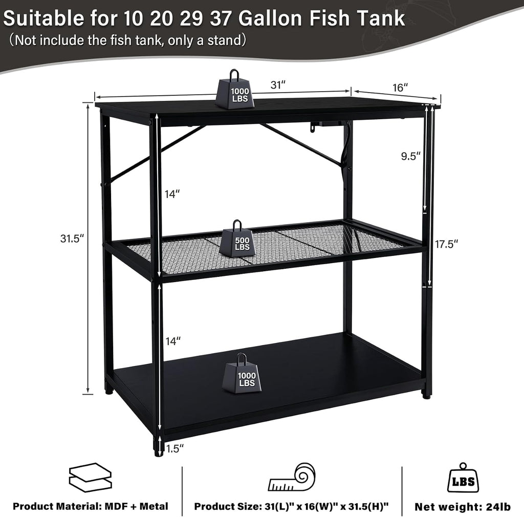 Fish Tank Stand 10, 20, 29, 37 Gallon, 1000LB Capacity Aquarium Stand with Built-in Outlet, 31"L x 16"W Metal Reptile