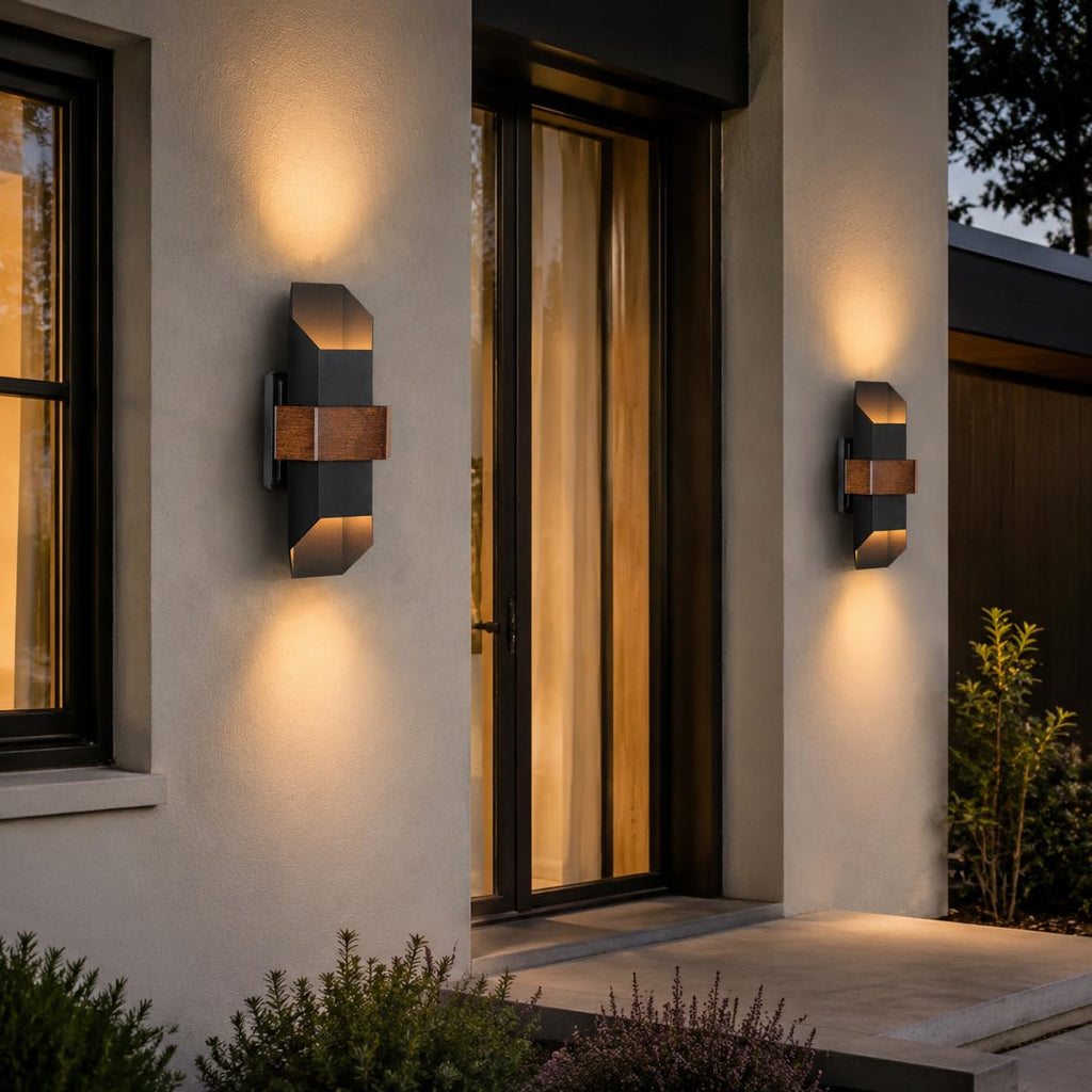 2 Pack LED Up Down Outdoor Wall Lights, with Wood-Grain Metal Belt