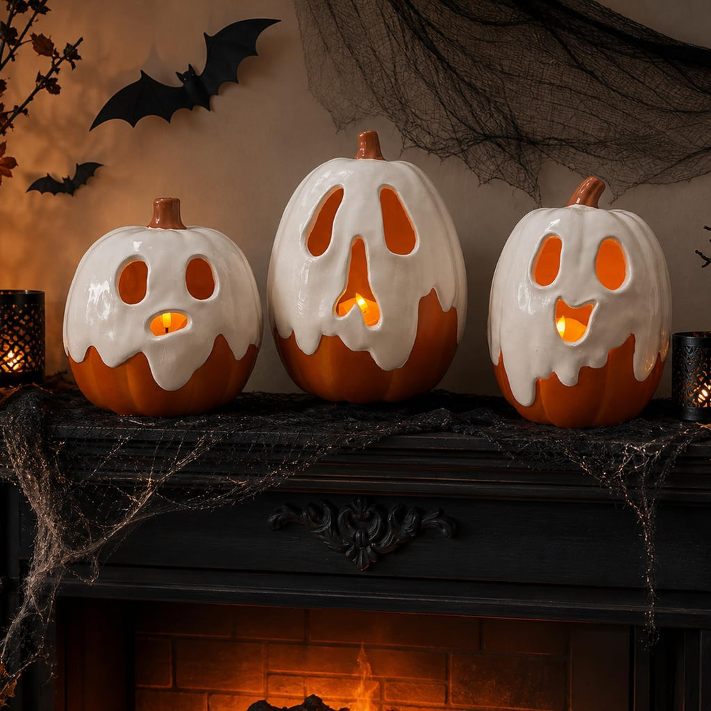 Halloween Decorations - 9.45" H Resin Ghost Pumpkin with Flameless Candle Outdoor - Cute Spooky Decoration