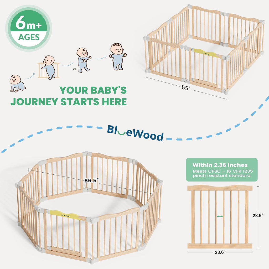 Foldable Wooden Playpen, Natural Pine, 55 x 55 x 24 inches | Adjustable Wood Baby Play Yard with Door, Indoor Large