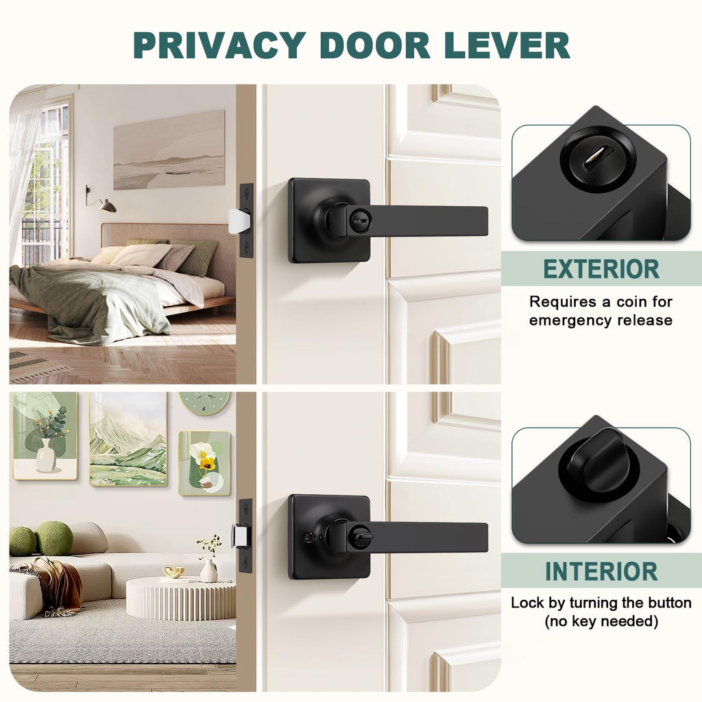 3 Pack Matte Black Privacy Door Handles Black Lever Door Handle Interior with Lock Square Privacy Door Levers Black