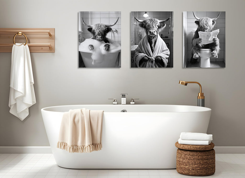 Highland Cow Bathroom Canvas Wall Art Funny Animals Bathroom Pictures Black and White Highland Cow Bathroom Prints