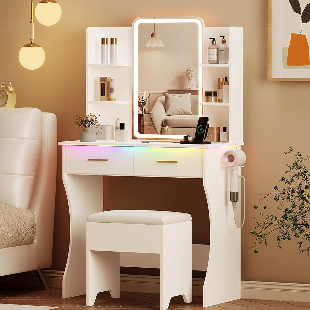 Vanity Desk with LED Lights Mirror & Power Outlet, Small Makeup Vanity Table Set with Storage Drawers & Chair, 3