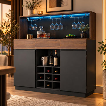 Wine Cabinet with 3 Drawers, Coffee Bar Cabinet with LED Lights, Stemware Holders Wine Racks, Home Bar with Charging