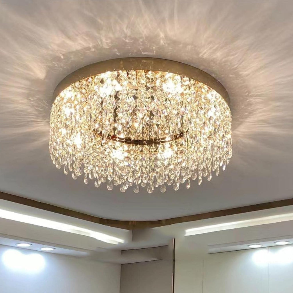 Modern Crystal Chandelier 24 inch Large Gold Chandeliers Ceiling Light Round Raindrop Chandeliers Flush Mount