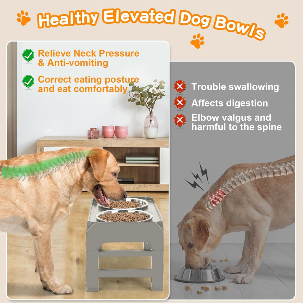 Elevated Bowls, 4 Height Adjustable Raised Stand With 2 Thick 50oz Stainless Steel Food Bowls, Non-Slip Feeder