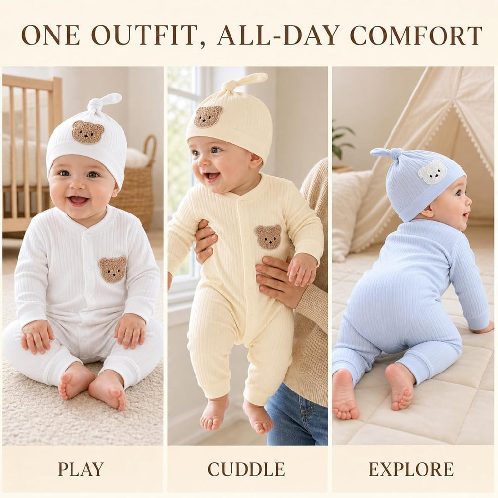 Pack Newborn Baby Boy Girl Clothes with Hat, 100% Cotton