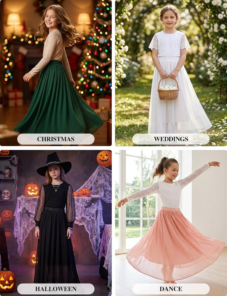 Noomlfish Kids Chiffon Pleated Long Skirts Boho Maxi Party Flower Girl Dress