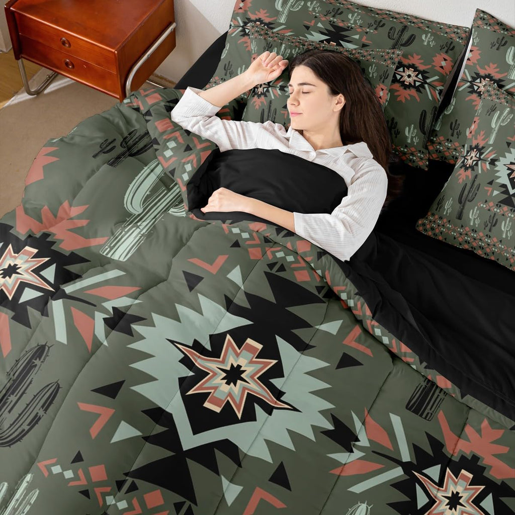 Khaki Southwestern Aztec Comforter Set with Sheets 7 Piece