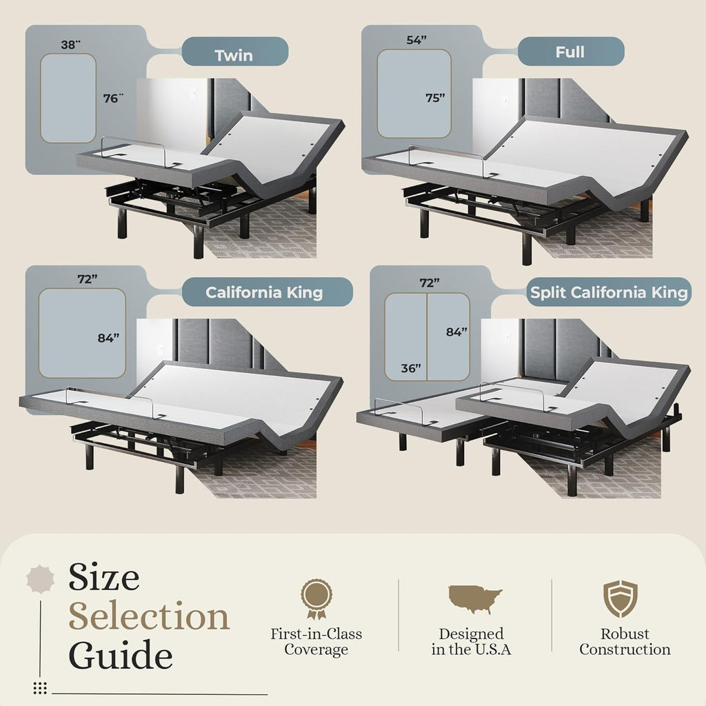 Classic Adjustable Bed Base, Head and Foot Lift, Massage, Under-Bed Lights, USB, Memory, Zero Gravity Smart Frame