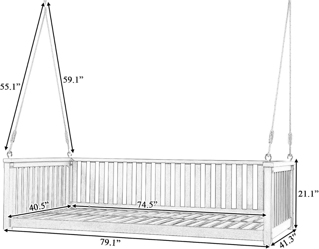 Acacia Wood Porch Swing Bed, Twin Size Hanging Daybed with Ropes, Outdoor Patio Bed Swing for Garden, Backyard &
