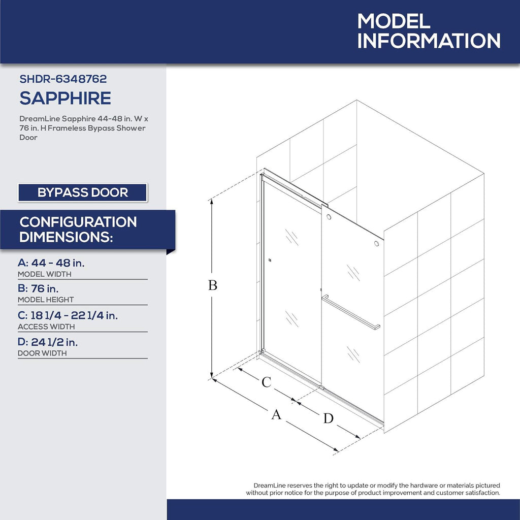 Sapphire 44-48 in. W x 76 in. H Semi-Frameless Bypass Shower Door in Brushed Nickel, SHDR-6348762-04