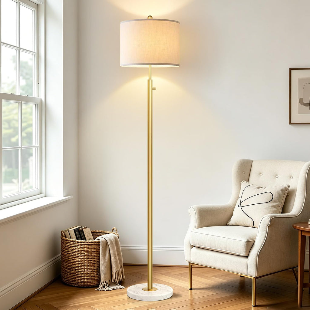 Dimmable Gold Floor Lamp, Turkish Marble Base, White Linen Shade