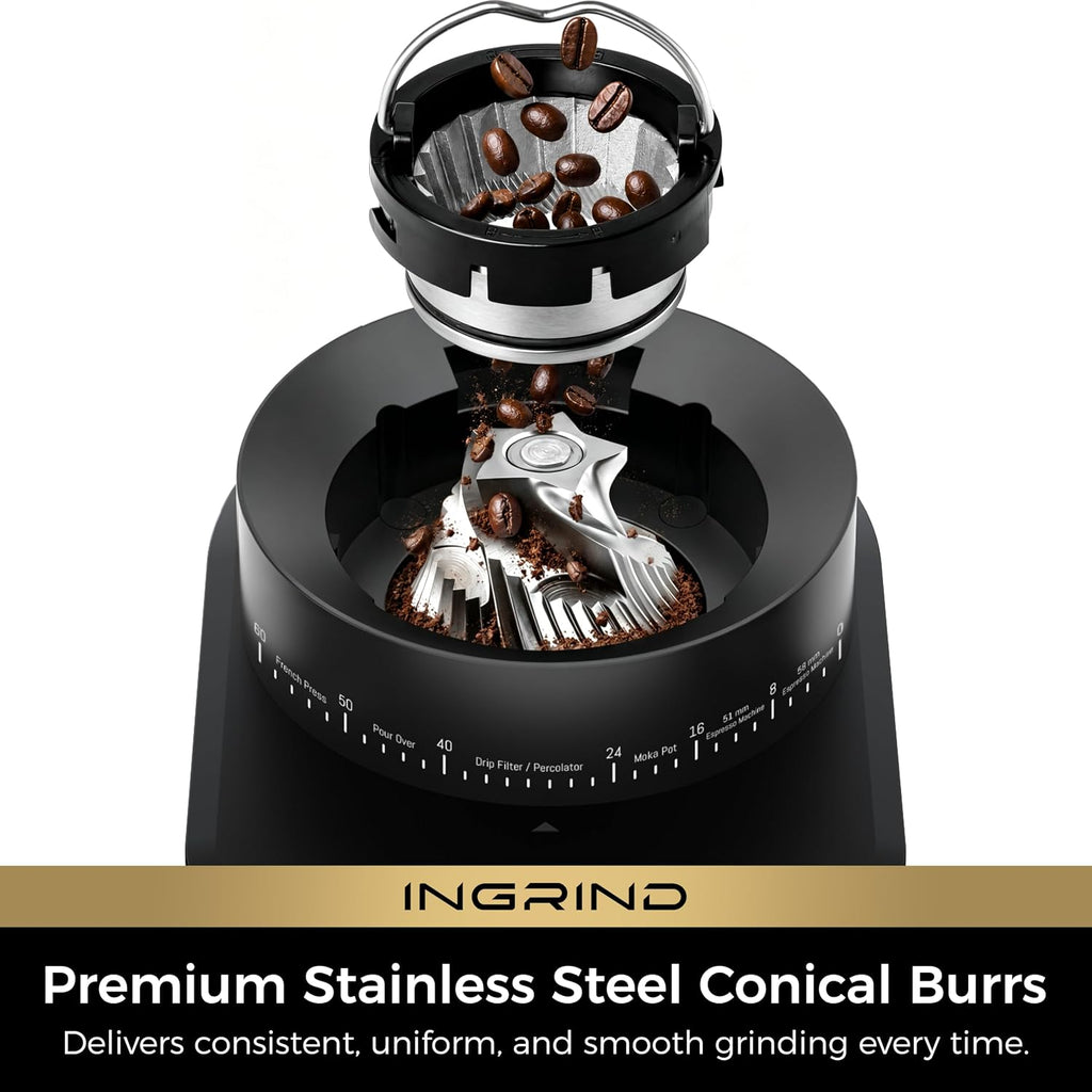 InGrind Conical Burr Electric Coffee Grinder with 60 Grind Settings | Professional Anti-Static Module, 3 Smart Grind