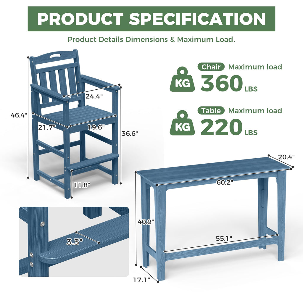 Outdoor Patio Bar Height Table and Tall Adirondack Chairs Set of 2, All-Weather HDPE High Top Long Rectangle Pub