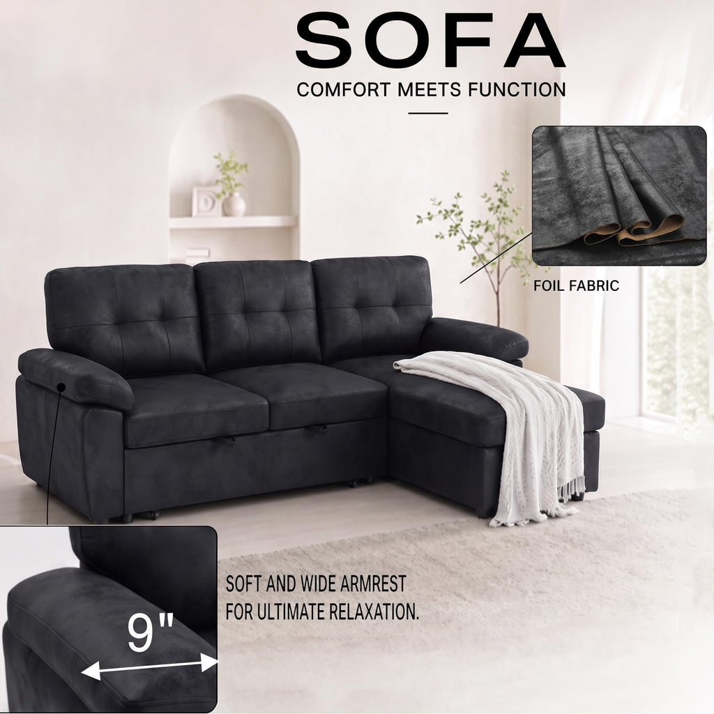 88.5" Convertible Sofa Bed with Storage Chaise, L-Shaped Sectional Sleeper Sofa with Reversible Chaise, Faux Leather