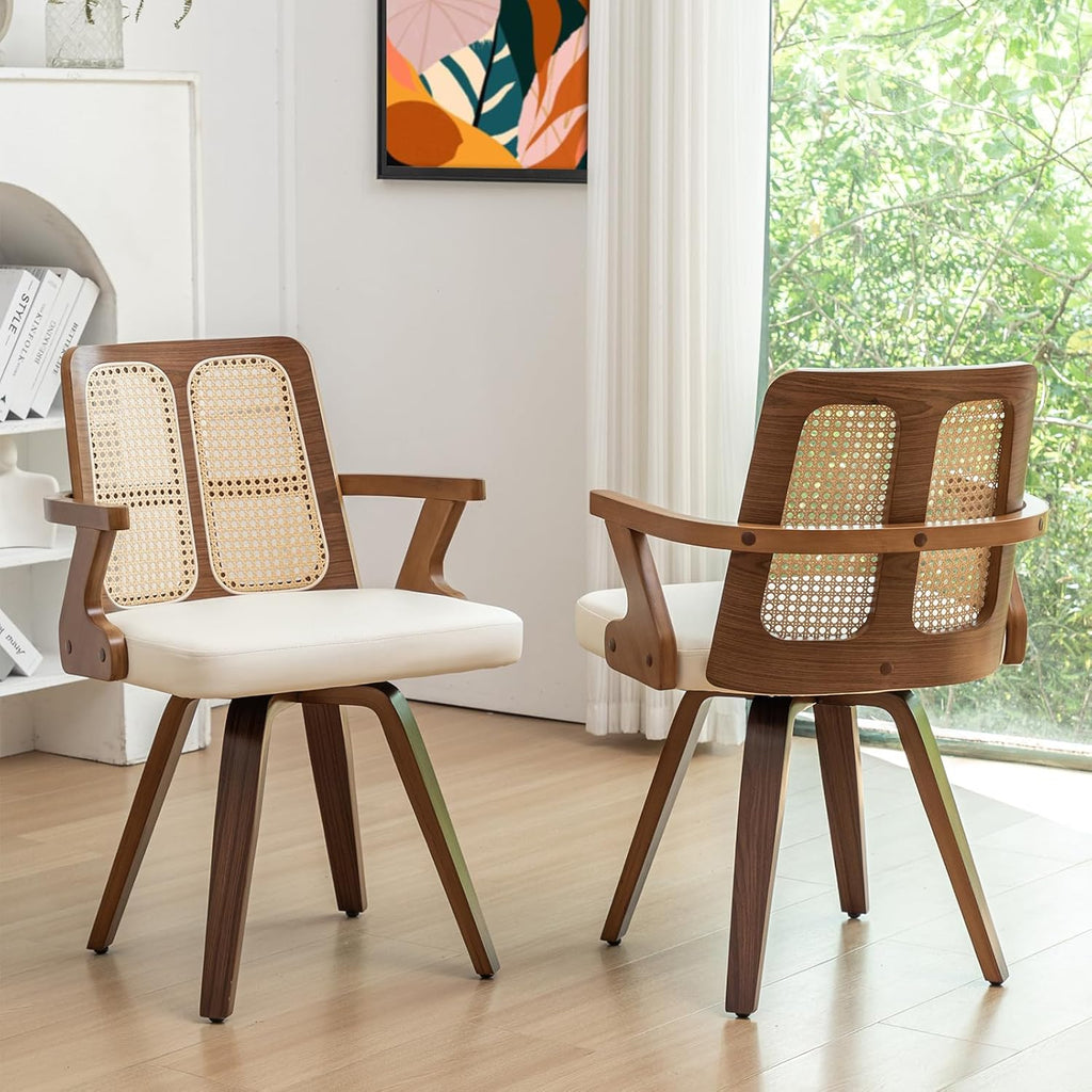 Walnut Dining Chairs - Swivel Rattan Dining Chairs with Bentwood Frame with Ergonomic Cane Back, Curved Arms, MCM