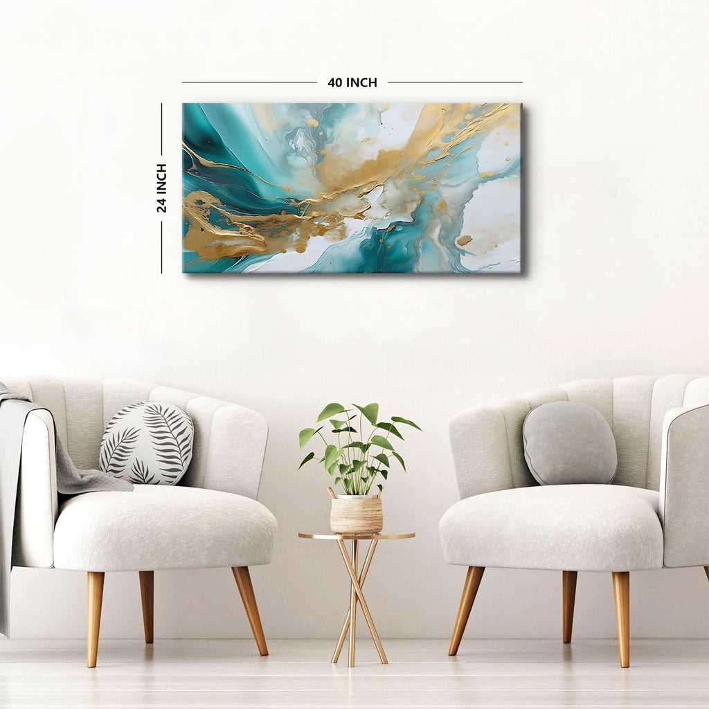 Abstract Teal Canvas Wall Art Marble Canvas Picture Turquoise Wall Decor Watercolor Teal and Gold Fluid Textured