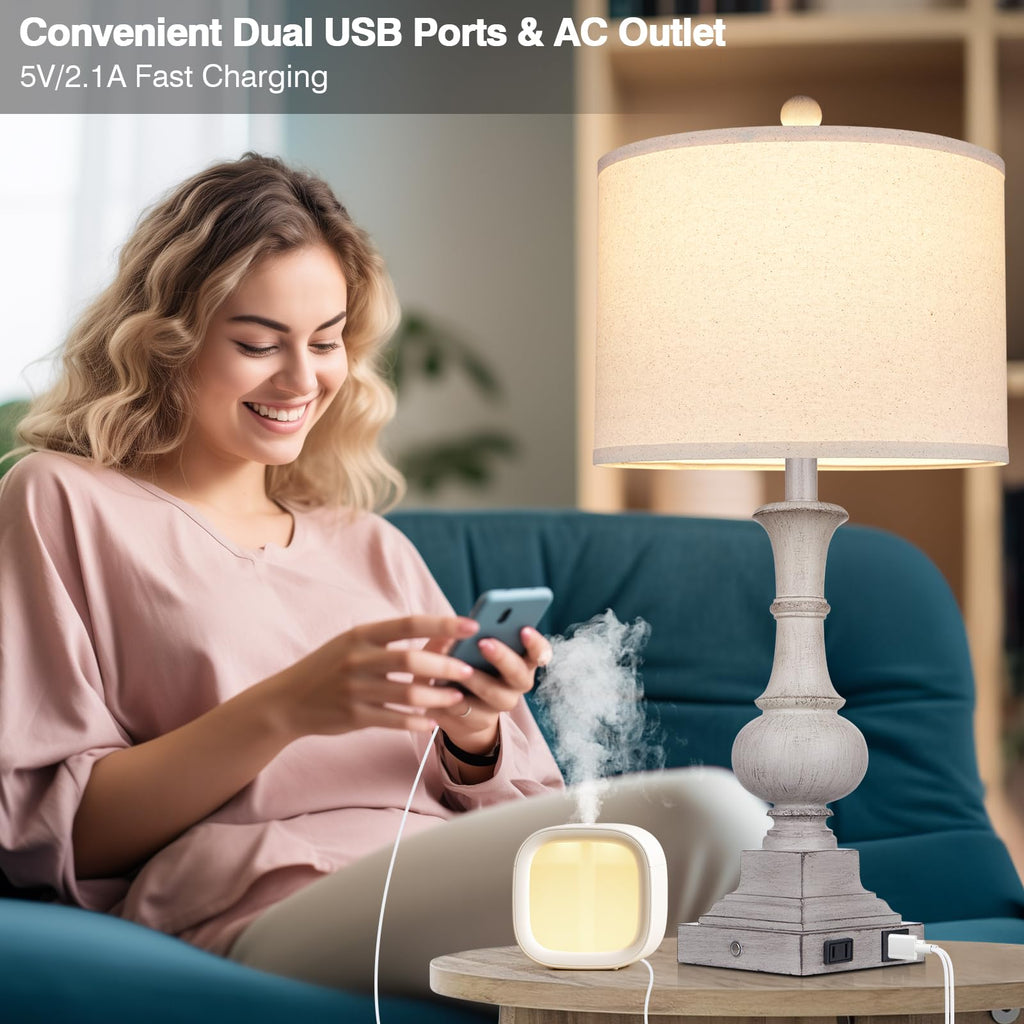 26" Farmhouse Lamp with 2 USB Ports & AC Outlet, Vintage Rustic Touch Control Bedside Lamp, Resin 3-Way Dimmable