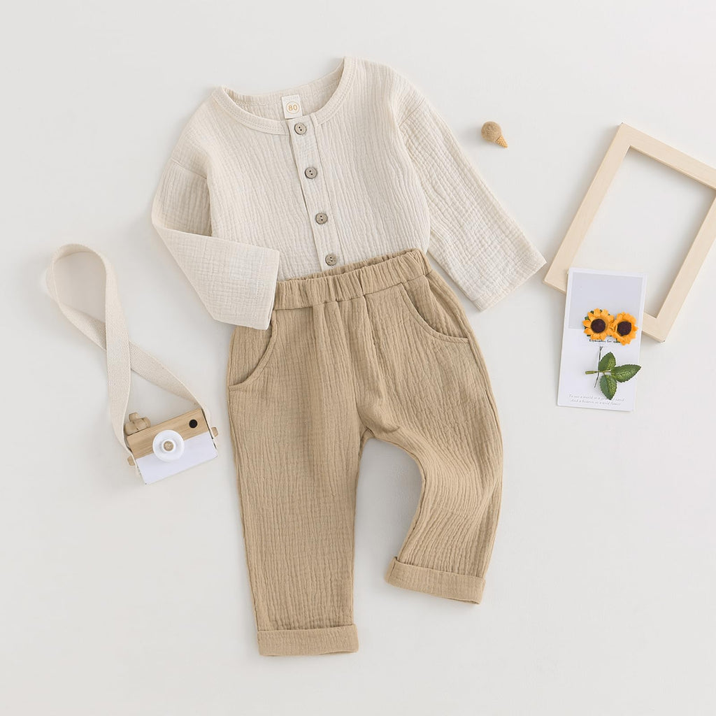 Toddler Boy Linen Outfit Baby Boy Girl Fall Winter Clothes Set Button-Down Shirt Tops Cotton Linen Pants 2PCS