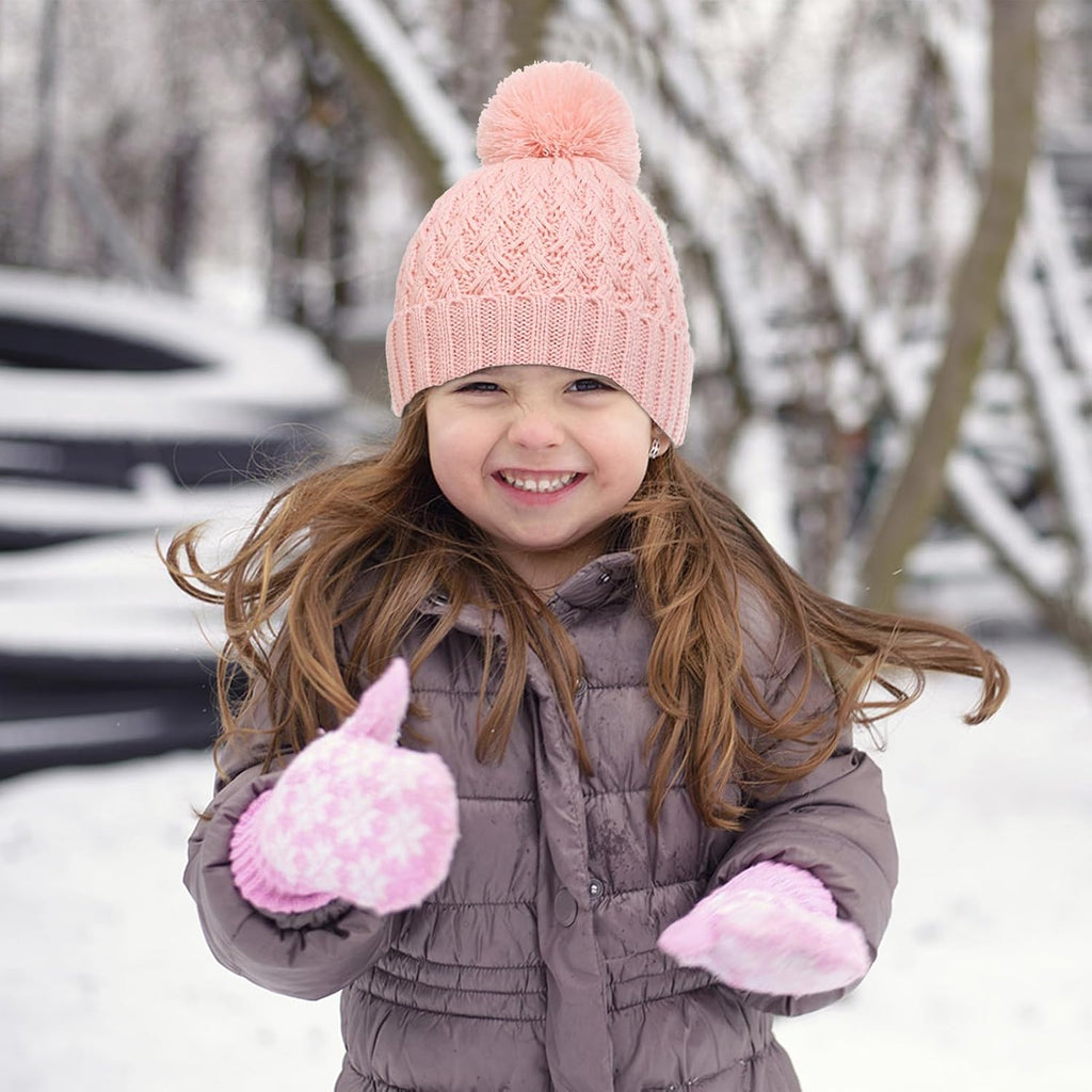 Kids Winter Hat and Gloves Set, Girl Warm Knit Beanie with Pom Fleece Lined for Toddler Boys Girls