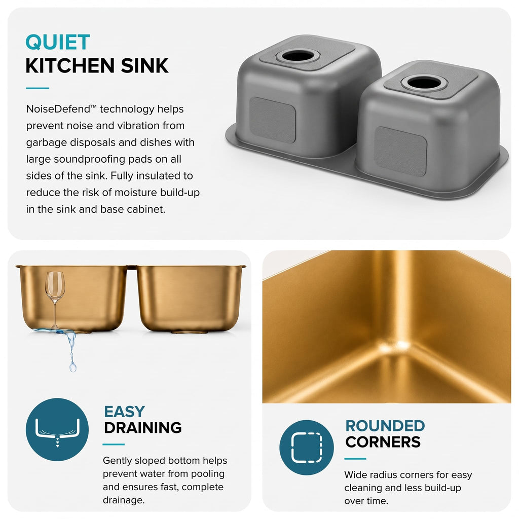 Brushed Gold Kitchen Sink, 32 Inch Undermount Kitchen Sink Gold, Double Kitchen Sink Stainless Steel with Two Sink