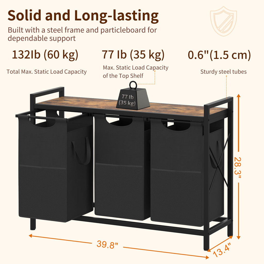 Laundry Hampers, 3 × 15 Gal (171 L) Laundry Basket with Large Desktop Sorter for Laundry Room Organization, Bathroom