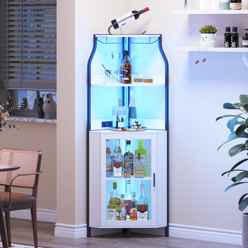 Corner Wine Bar Cabinet, 5-Tier Farmhouse Corner Liquor Storage Cabinet with Barn Door, Glass Rack, Adjustable