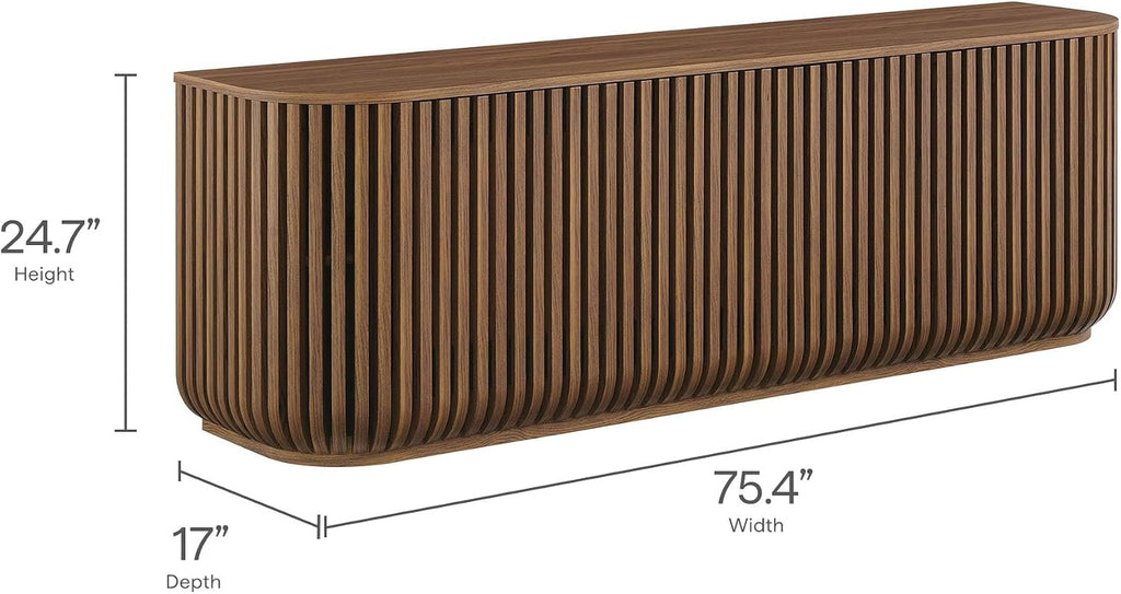 Fortitude 75" Fluted Curved Sideboard Buffet with 4 Doors in Walnut - Modern Media Console TV Stand with Adjustable