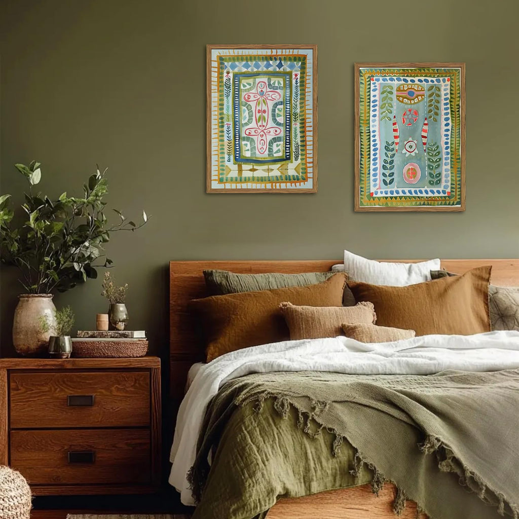 Framed Boho Wall Art Set of 2, Sage Green Botanical Pictures Wall Decor, Abstract Folk Art Paintings Canvas Prints