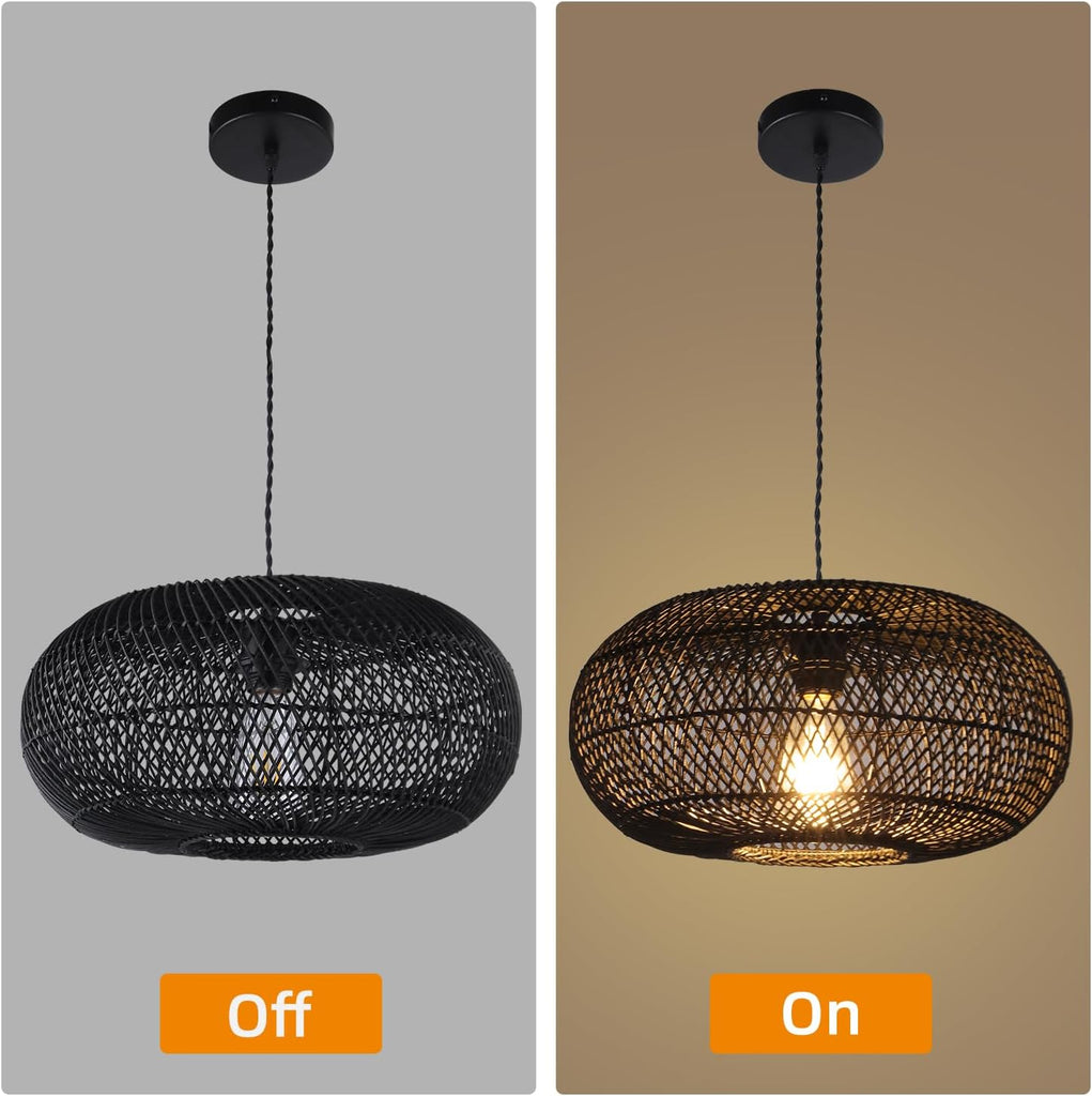 Rattan Pendant Light 15.75" 1-Light Hand-Woven Bamboo Rattan Hanging Lamp Large Globe Wicker Chandelier Modern