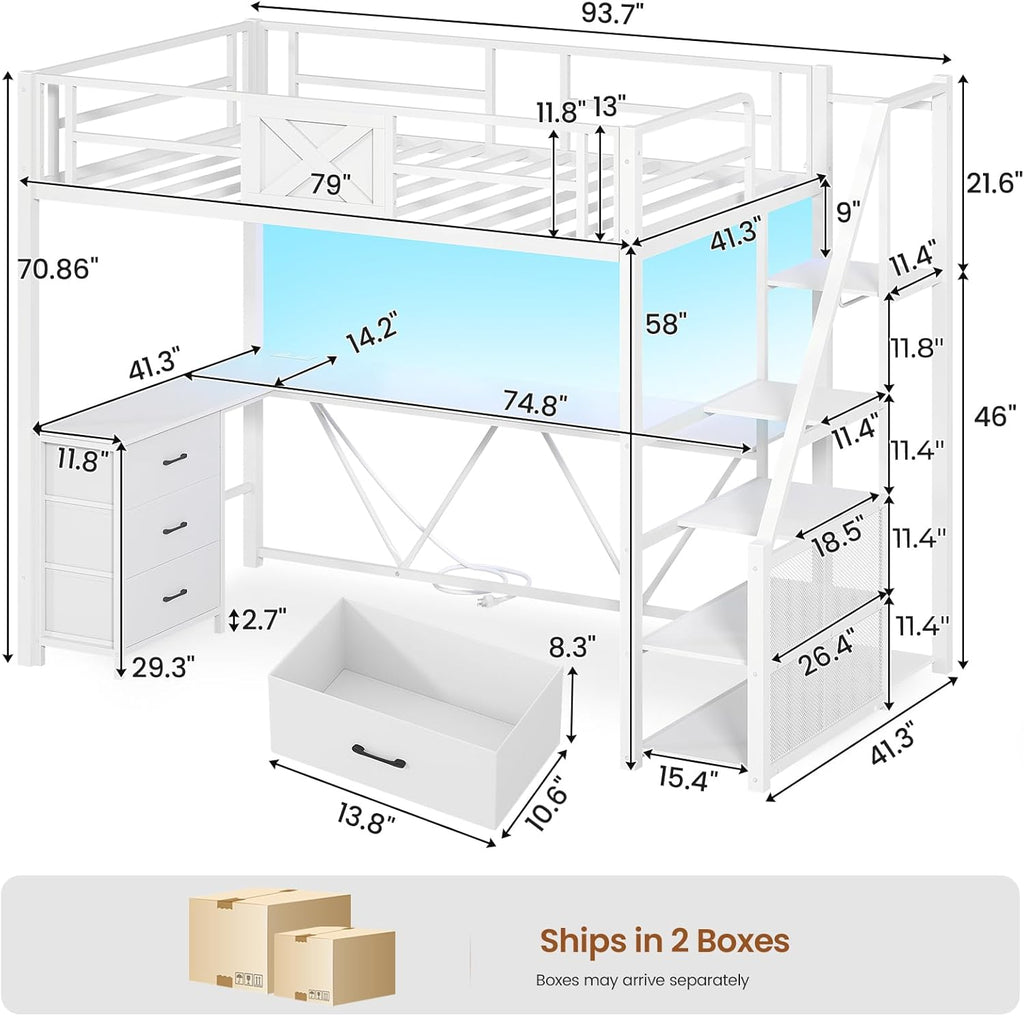 Stairway Twin Loft Bed with L Shaped Desk and Wardrobe, Metal Loft Bed Frame with Stairs, 3 Fabric Drawers